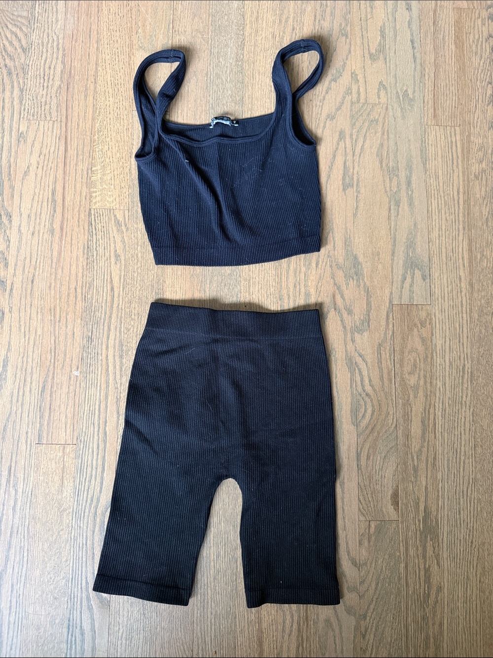 Zara Black Ribbed Crop Tank and Biker Shorts Set